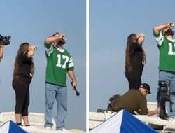 Jason Kelce Pounds Beer On Top of RV, Cameraman Falls Through Ceiling